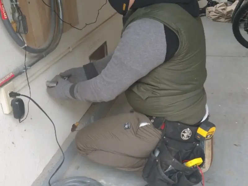 Electrician performing outlet wiring in a Wilder garage